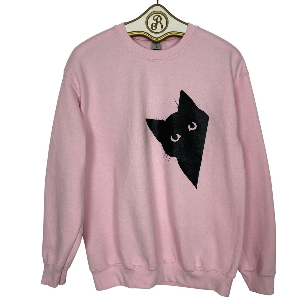 Peeking Cat Sweatshirt Pink Graphic Fleece Pullover Cute Comfy Women Medium